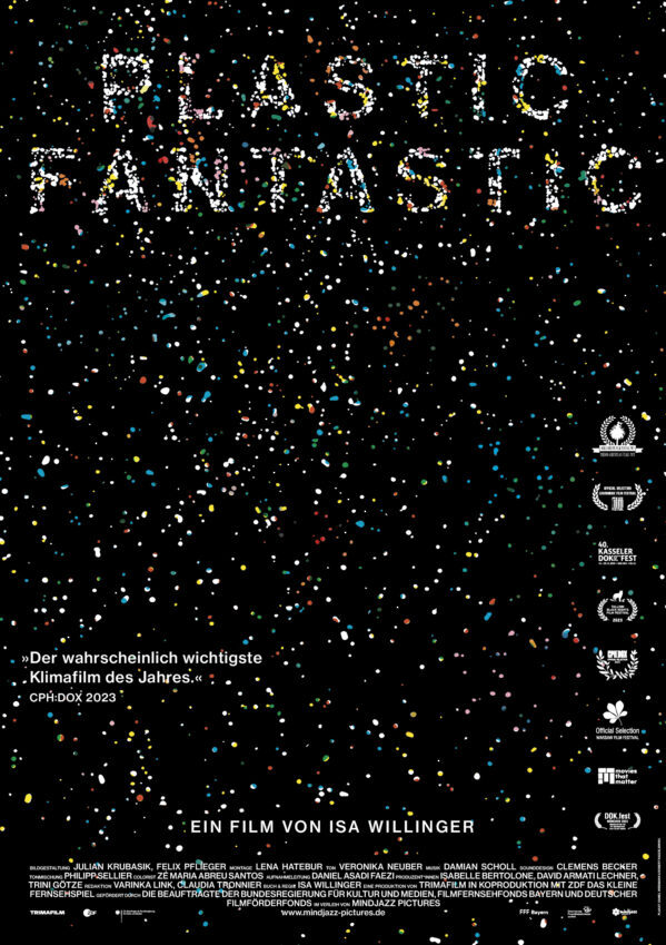 Filmplakat Plastic Fantastic. Schwarzer Hintergrund mit bunten Punkten