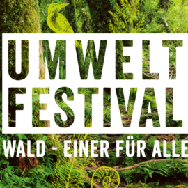 Hintergrund ein Foto vom Wald: Davor steht mit weißen Buchstaben Umweltfestival Wald - einer für alle